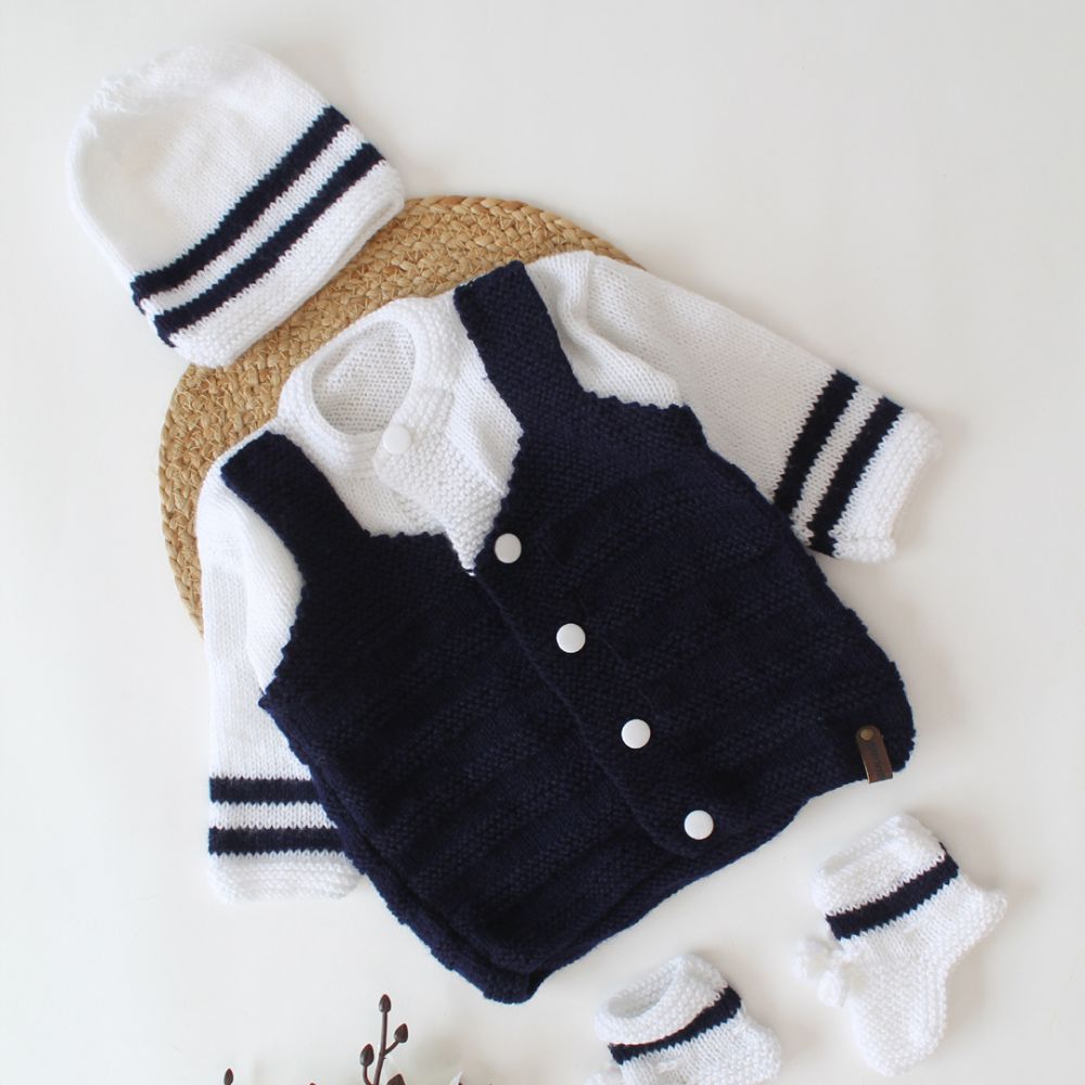 Navy Blue and White Colored With Stips Emboidery Baby Sweater Set